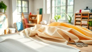 Katoen stoffen met kleuren en texturen op een houten tafel, omringd door naai-accessoires.