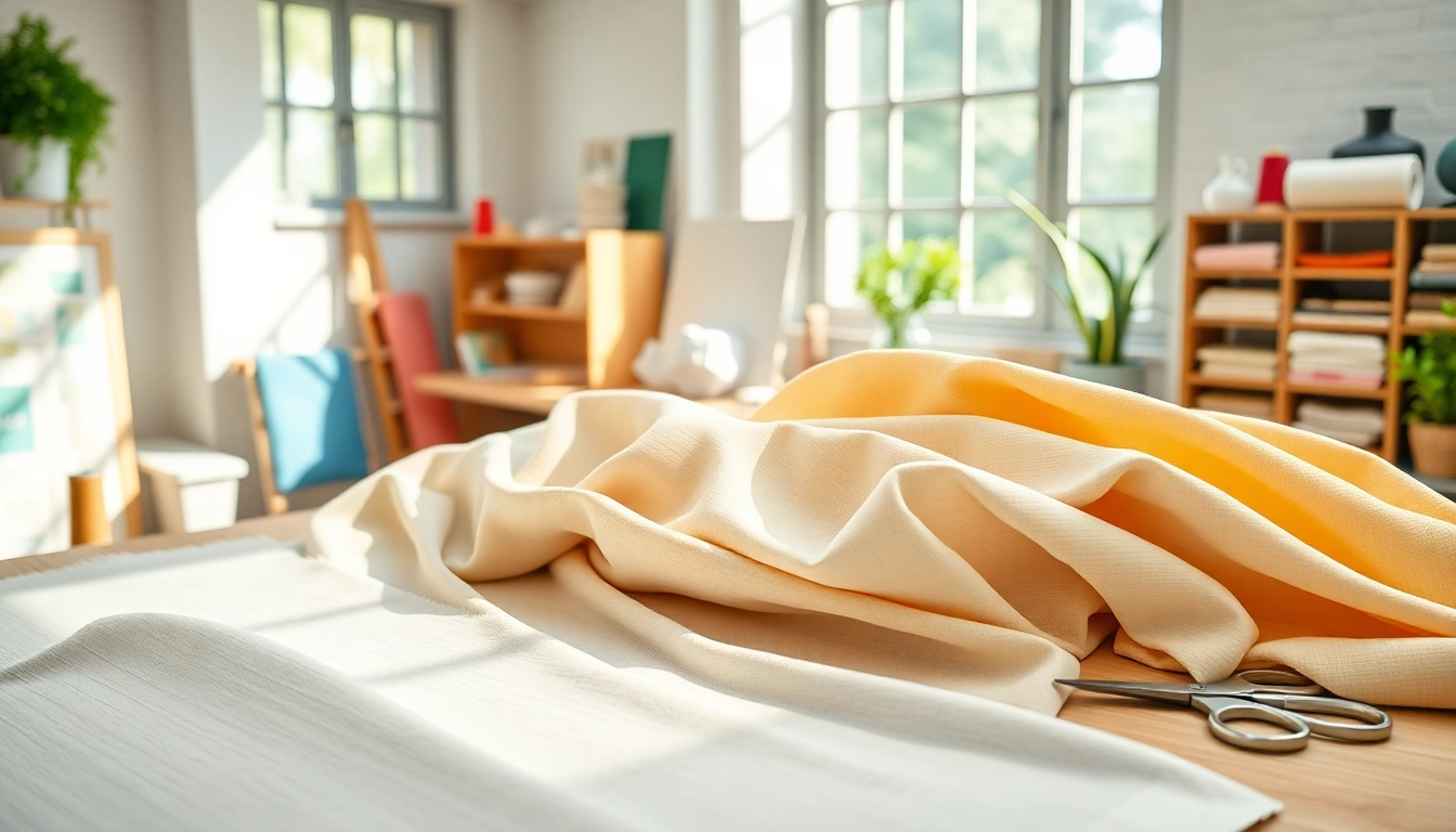 Katoen stoffen met kleuren en texturen op een houten tafel, omringd door naai-accessoires.