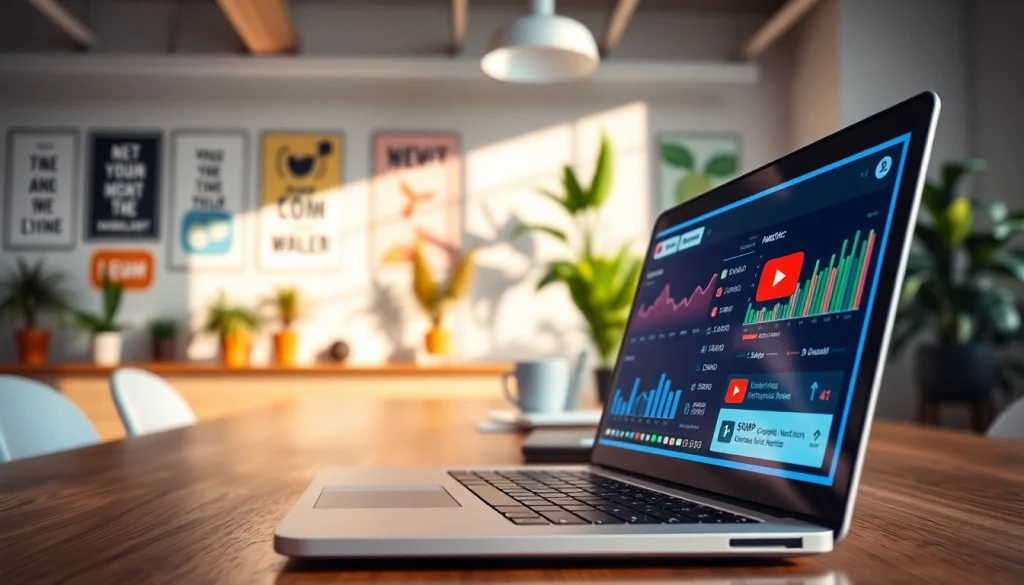 Engage with the features of a youtube smm panel displayed on a laptop in a vibrant office setting.
