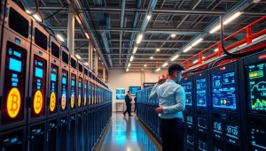 Bitcoin mining facility with high-tech ASIC miners and digital displays.