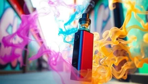 Vibrante Elf Bar Elfa Vape umgeben von buntem Rauch in einer urbanen Umgebung