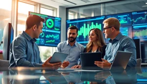 Team engaging in managed it service discussions in a bright, modern office.