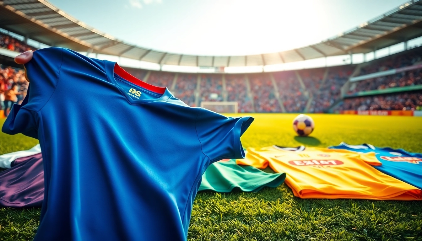 Shop vibrant discount football shirts showcasing team colors and logos in an energetic stadium setting.