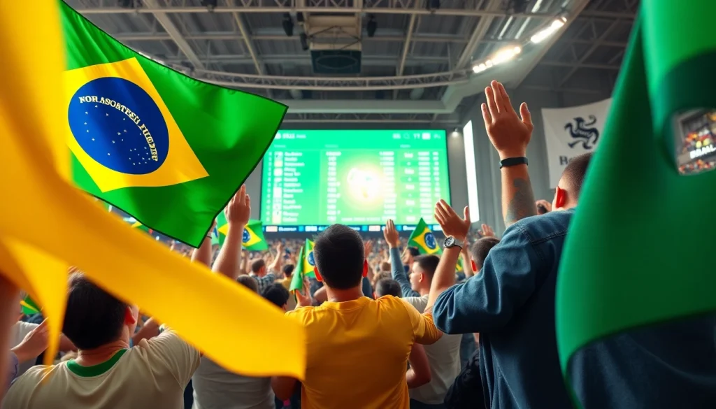Highlight the best sports betting sites for Brazil at an energetic sports event with fans and odds displays.