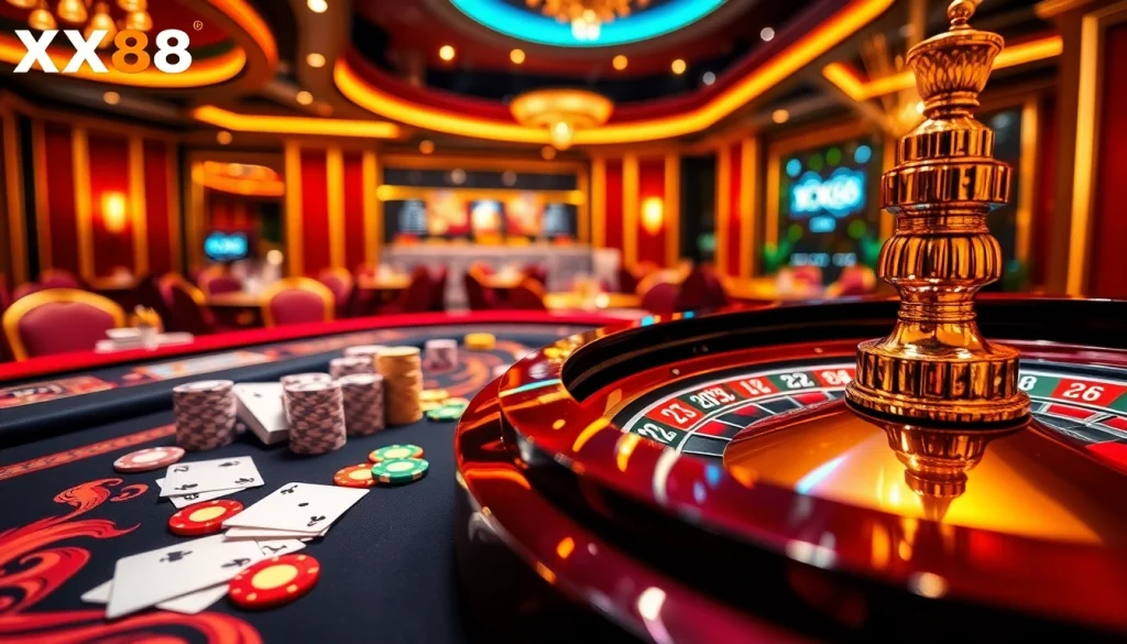 Experience the thrilling ambiance at Nhà cái XX88 with vibrant casino games and elegant gaming elements.
