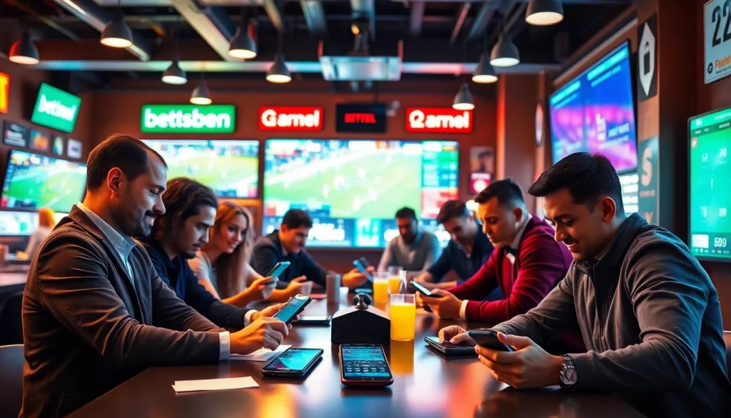 Engaging scene of users enjoying best sports betting sites India on mobile devices with vibrant atmosphere.