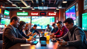 Engaging scene of users enjoying best sports betting sites India on mobile devices with vibrant atmosphere.