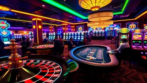 Excited players betting at a vibrant casino, featuring https://mm88.video/ slot machines and tables.