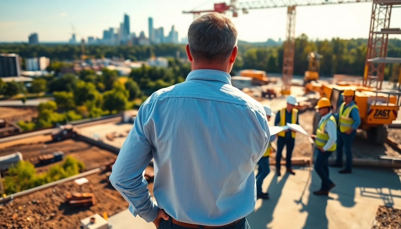 New Jersey Construction Manager directing a construction project with a bustling team in action.