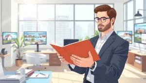 Real Estate agent reviewing listings in a modern office environment, showcasing professionalism and expertise.