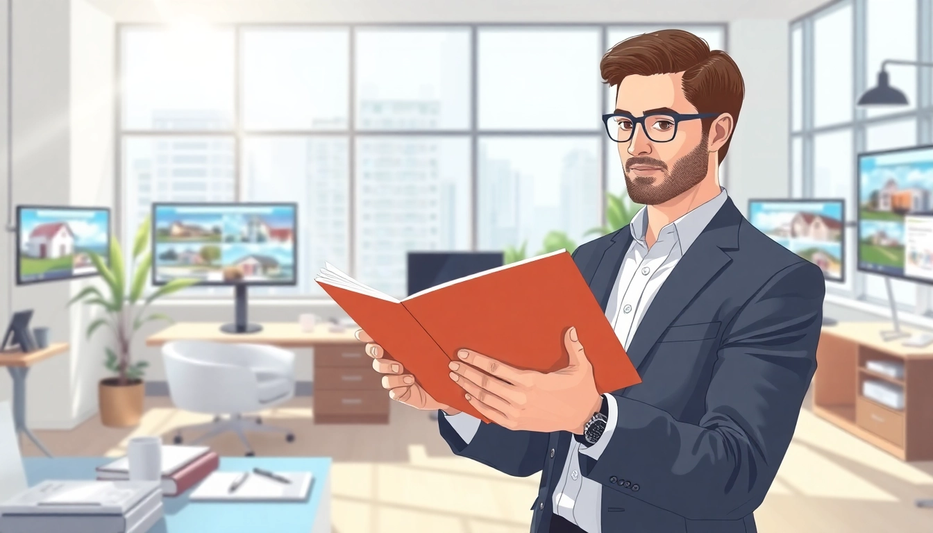 Real Estate agent reviewing listings in a modern office environment, showcasing professionalism and expertise.
