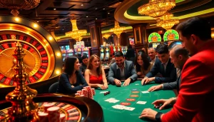 Enthusiastic players enjoying a high-stakes game at https://xx88.bar/ casino with vibrant slot machines and roulette lights.