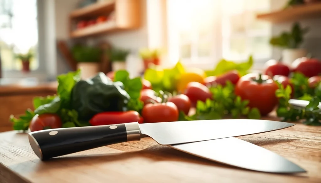 Display a chef’s knife NZ resting on a wooden board with fresh herbs and vegetables.