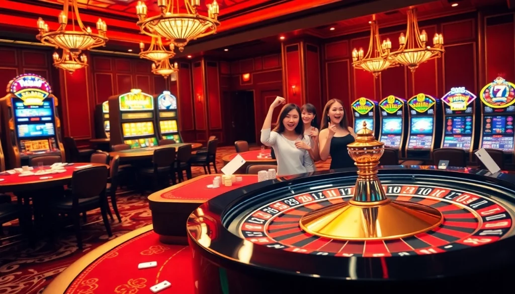 Experience the thrill of gambling at Trang chủ OK8386 with vibrant casino tables, cards, and excited players.