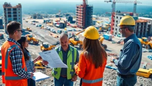 Diverse contractors reviewing the das 140 form in a vibrant construction setting.