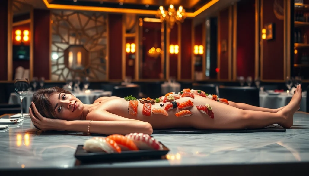 Experience body sushi artfully arranged on a model in an opulent setting, showcasing exquisite culinary craftsmanship.