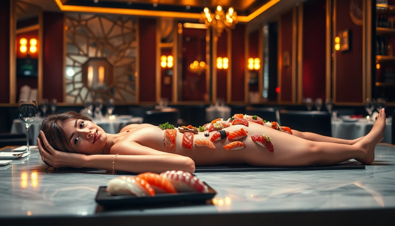 Experience body sushi artfully arranged on a model in an opulent setting, showcasing exquisite culinary craftsmanship.