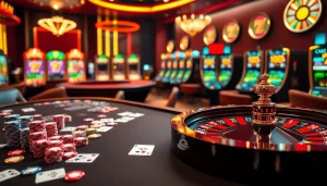 7m betting excitement with poker chips and roulette wheel in a luxury casino.
