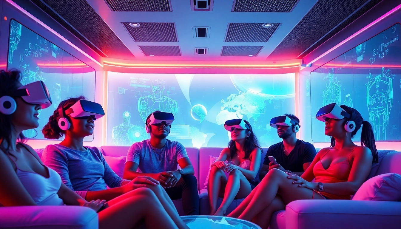 Diverse individuals exploring ai sex interactions with advanced AI technologies in a sleek, futuristic setting.