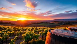 Visit wineries in Clarksburg, featuring vibrant vineyards under a picturesque sunset.