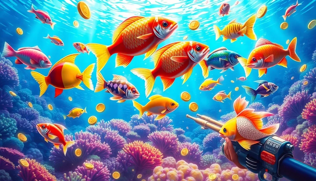Shooting fish in an exciting bắn cá đổi thưởng game with colorful underwater scenery.