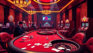 Exciting players at the F8bet casino poker table, showcasing vibrant slot machines and roulette wheel.