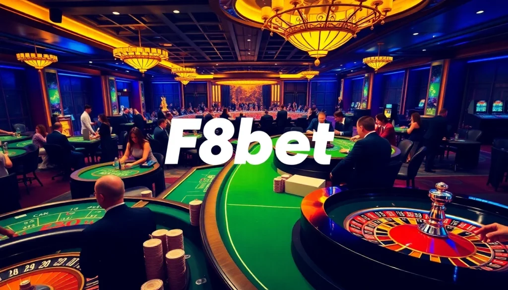 Experience the thrilling atmosphere of F8bet with vibrant casino scenes featuring poker and roulette excitement.