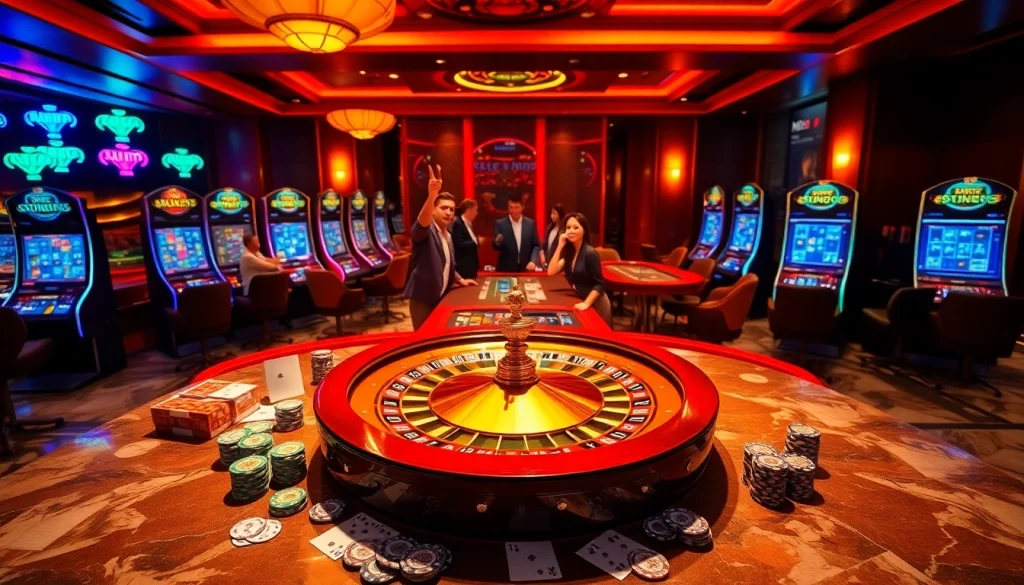 Hi88 gaming experience illustrated with vibrant casino tables, roulette wheel, and excited gamblers.
