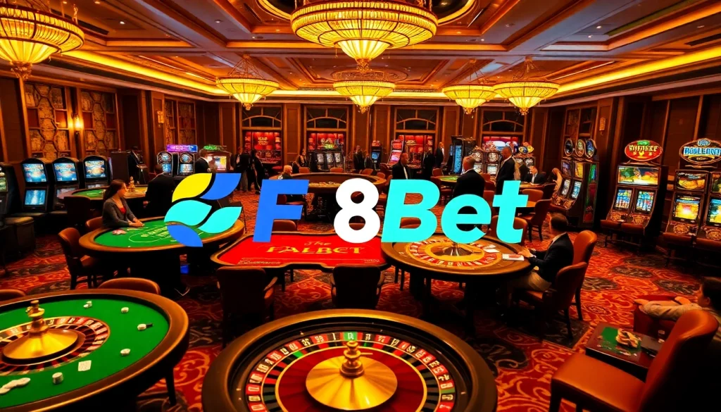 Experience high-stakes gaming at F8Bet's luxurious casino floor with elegant poker tables and exciting slot machines.