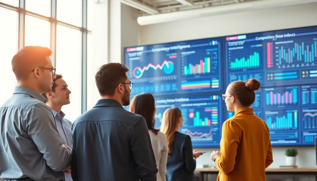 Engaging team discussing competitive intelligence data in a bright office.