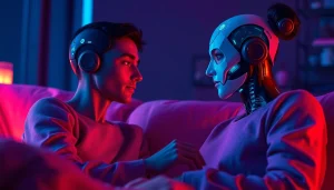 AI sex interaction in a futuristic, intimate setting with diverse avatars and soft ambient lighting.