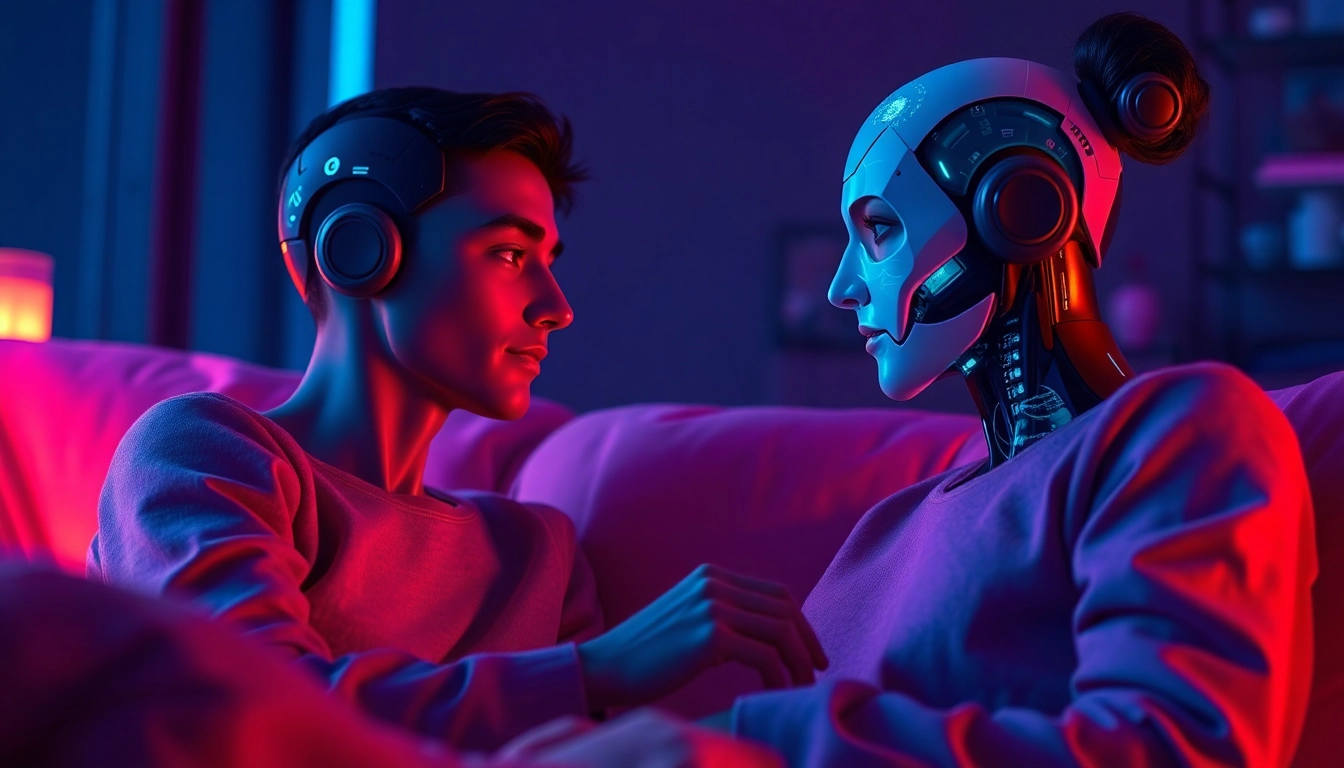 AI sex interaction in a futuristic, intimate setting with diverse avatars and soft ambient lighting.