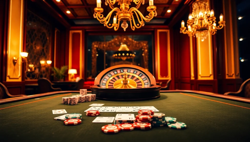 Experience the thrill at the j88 poker table with vibrant chips and cards in a luxurious casino setting.