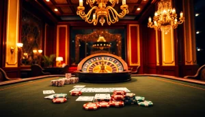 Experience the thrill at the j88 poker table with vibrant chips and cards in a luxurious casino setting.