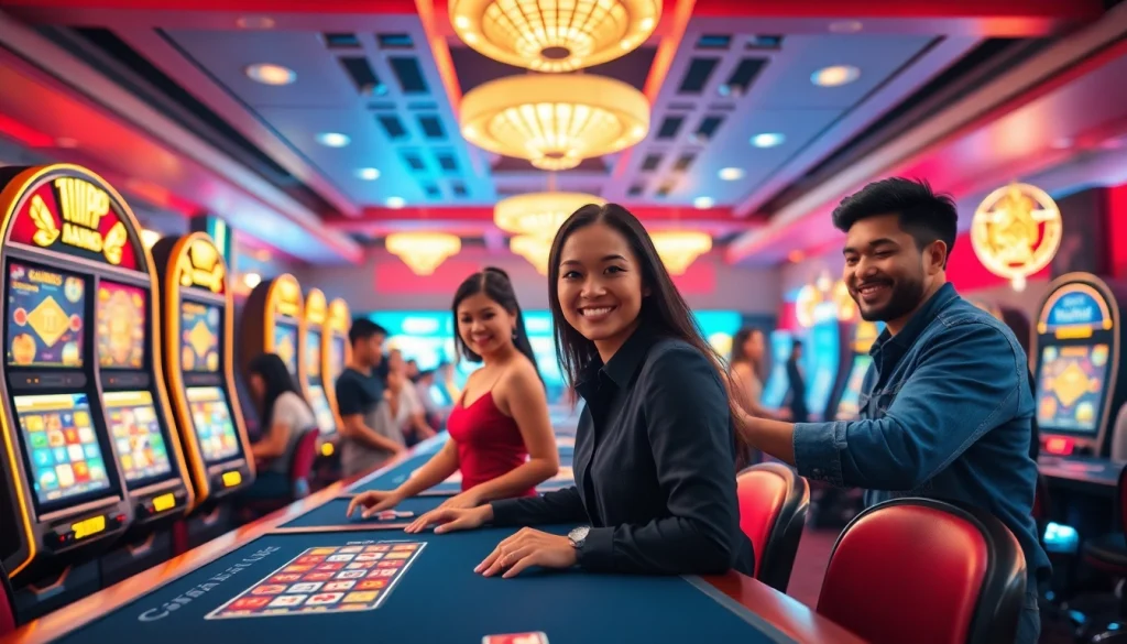 Exciting scene of diverse players enjoying online gaming at LC88 Com's virtual casino.