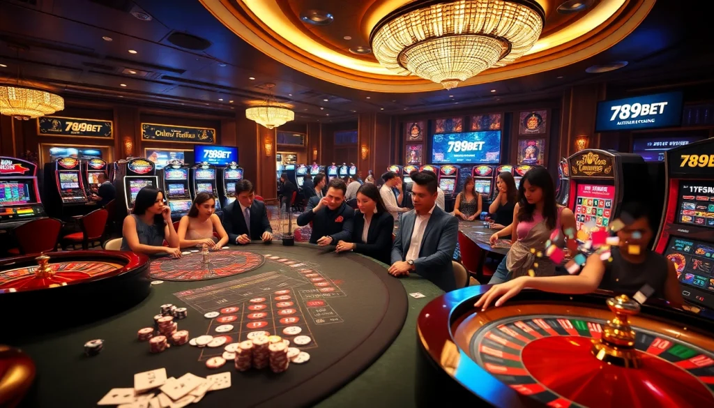 Players enjoying the thrilling experience of 789BET in a luxurious casino setting with vibrant gaming tables.