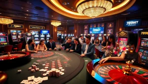 Players enjoying the thrilling experience of 789BET in a luxurious casino setting with vibrant gaming tables.