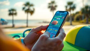 Engaging with sports betting apps South Carolina on a smartphone against iconic landmarks and vivid colors.