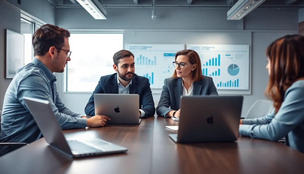 Analyze competitive intelligence strategies with professional team discussing data insights.