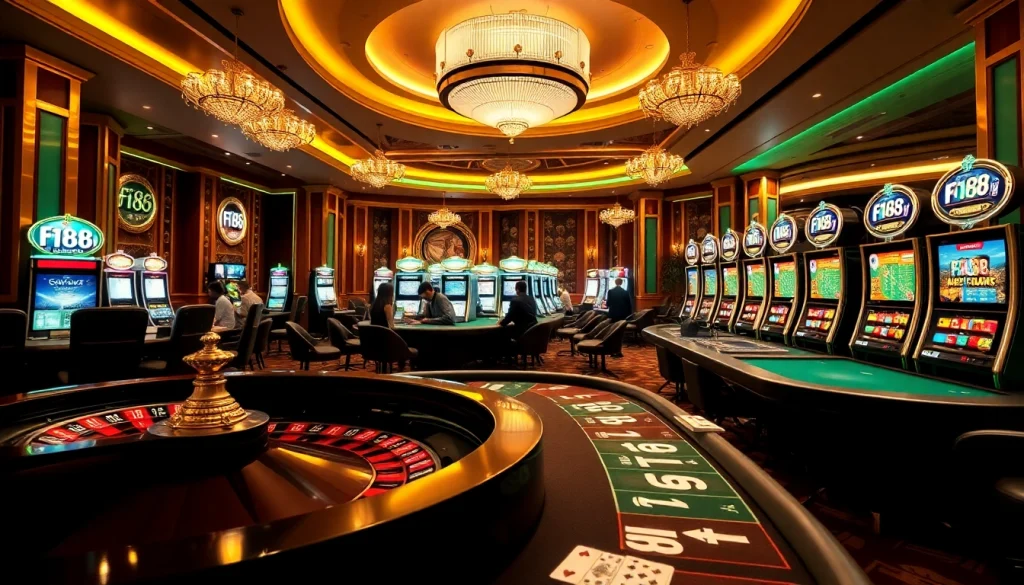 Engaging gambling scene at f168 casino, showcasing poker, roulette, and slot machines.