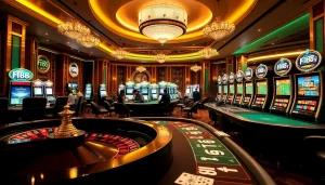Engaging gambling scene at f168 casino, showcasing poker, roulette, and slot machines.