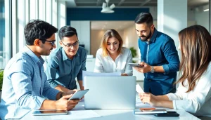 Dich vu thiet ke website team collaborating in a modern office setting.