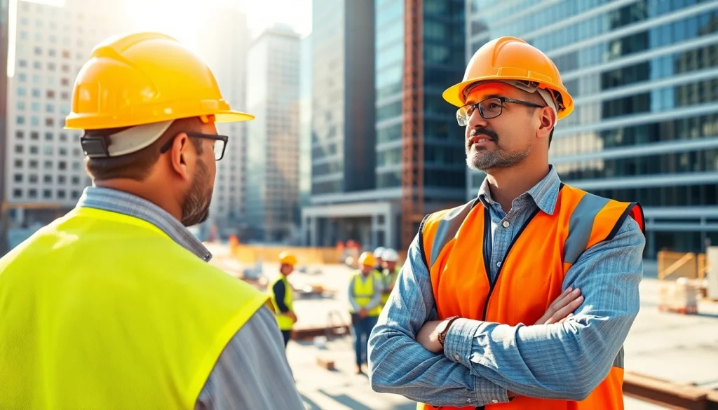 Manhattan Construction Manager coordinating project activities with team at construction site.