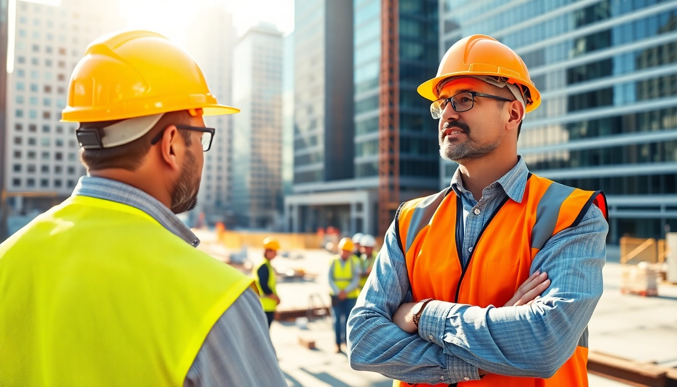 Manhattan Construction Manager coordinating project activities with team at construction site.