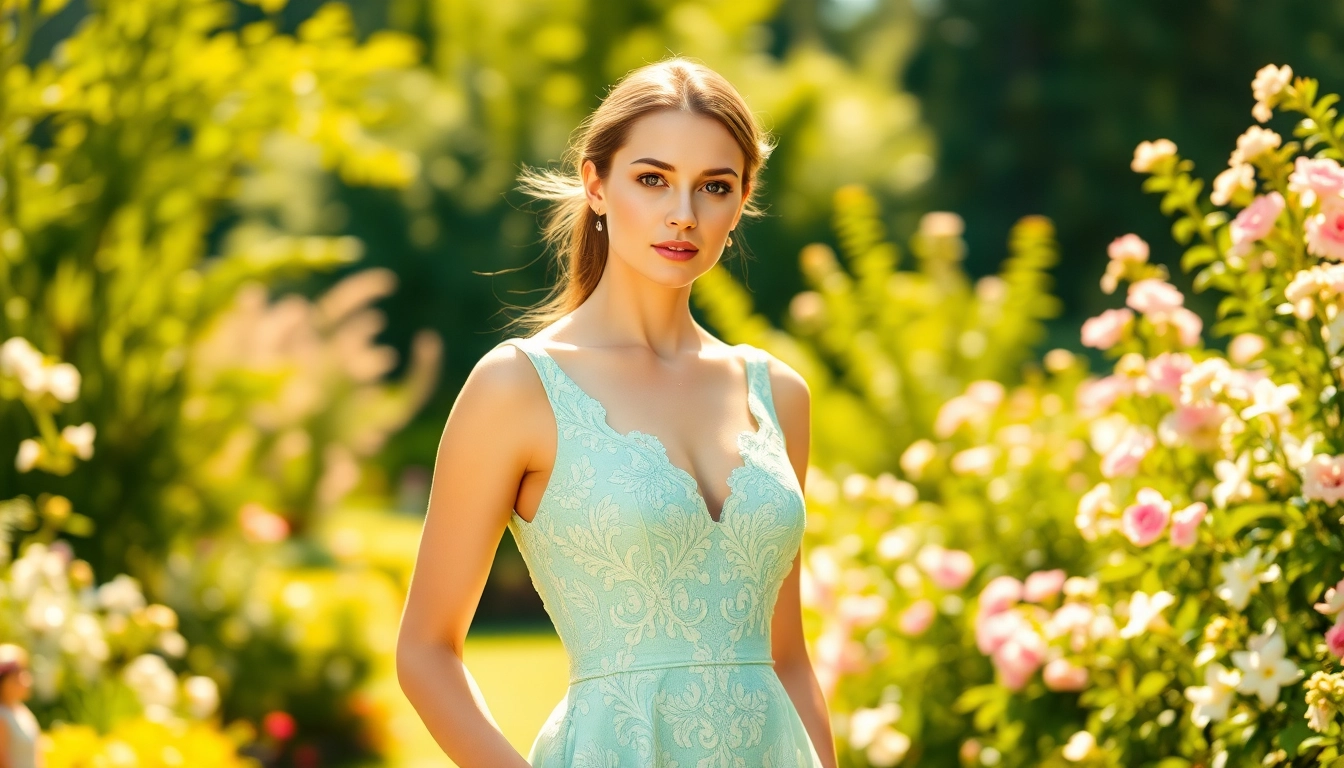 Showcase of a stylish Rivelle dress on a woman amidst a beautiful garden setting.