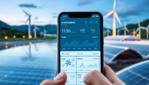 Visual representation of a cloud mining app on a smartphone, featuring renewable energy sources and AI optimization metrics.