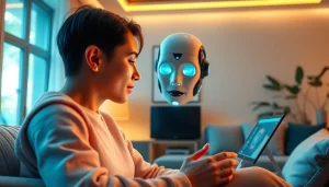 Engaging scene with an AI sex bot interacting intimately in a modern cozy living room.