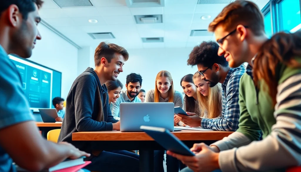 Dynamic classroom showcasing top education examples with engaged students using technology.