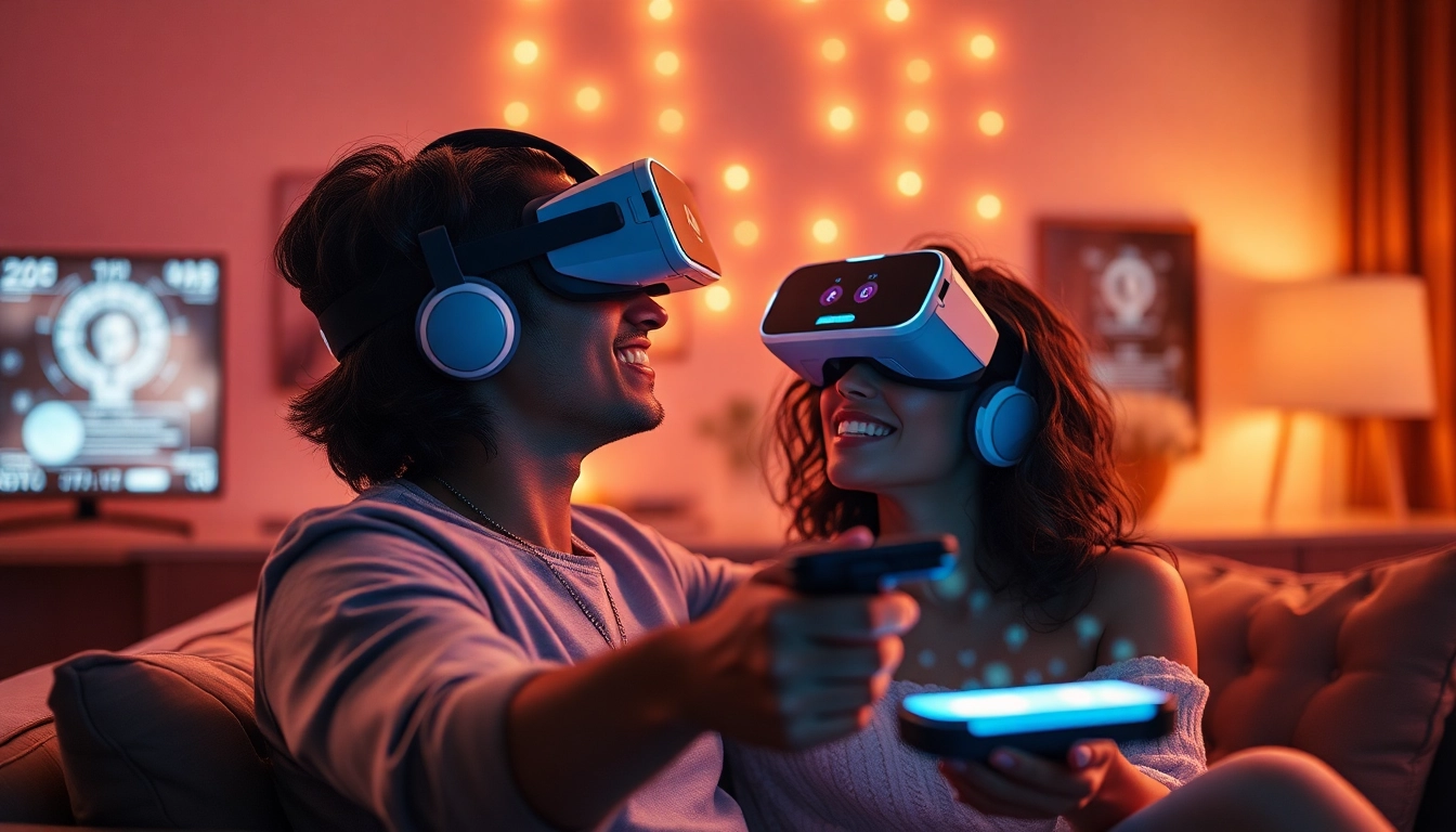 Engaging scene of ai sex in a cozy living room with VR technology, highlighting intimacy and innovation.