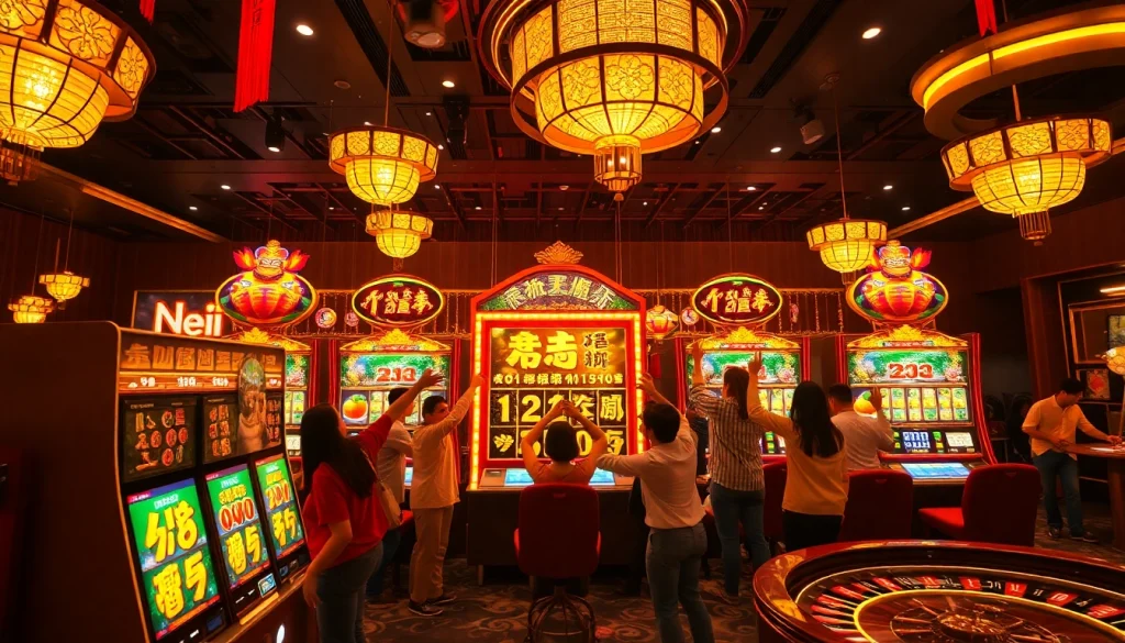 Players enjoying the thrilling nổ hũ slot games in a vibrant casino atmosphere filled with excitement.